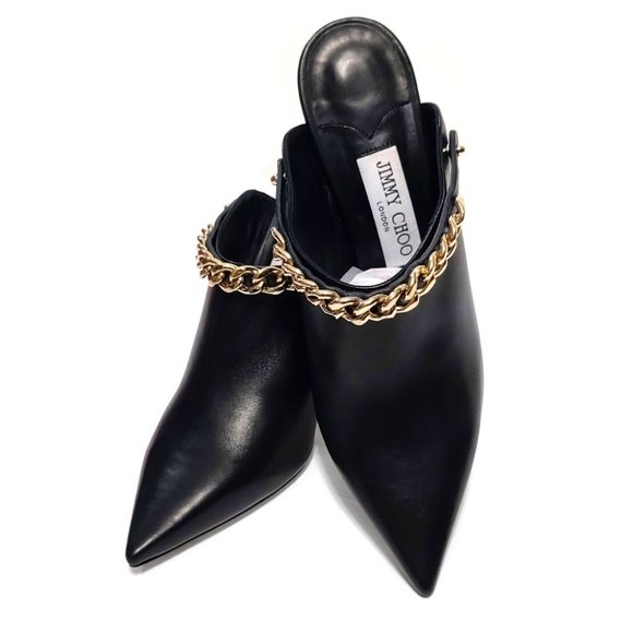 Jimmy Choo Lexx 100 Black Leather Gold Color Chain EU 37 US 7 Mules - Picture 5 of 12